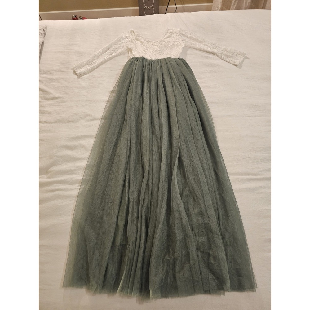 Girls Lace Tulle Maxi Dress Size 10 Sage Green Long Sleeve Flower‎ Girl